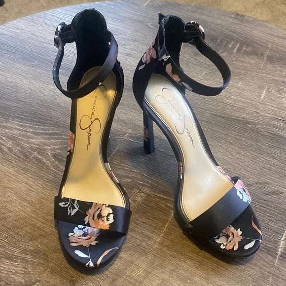 Jessica Simpson Shoes - Jessica Simpson Black / Floral Ankle strap Heels**7